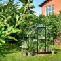 Schwarzes Halls Gewächshaus Qube 68 (5 m²) im Garten mit Pflanzen.