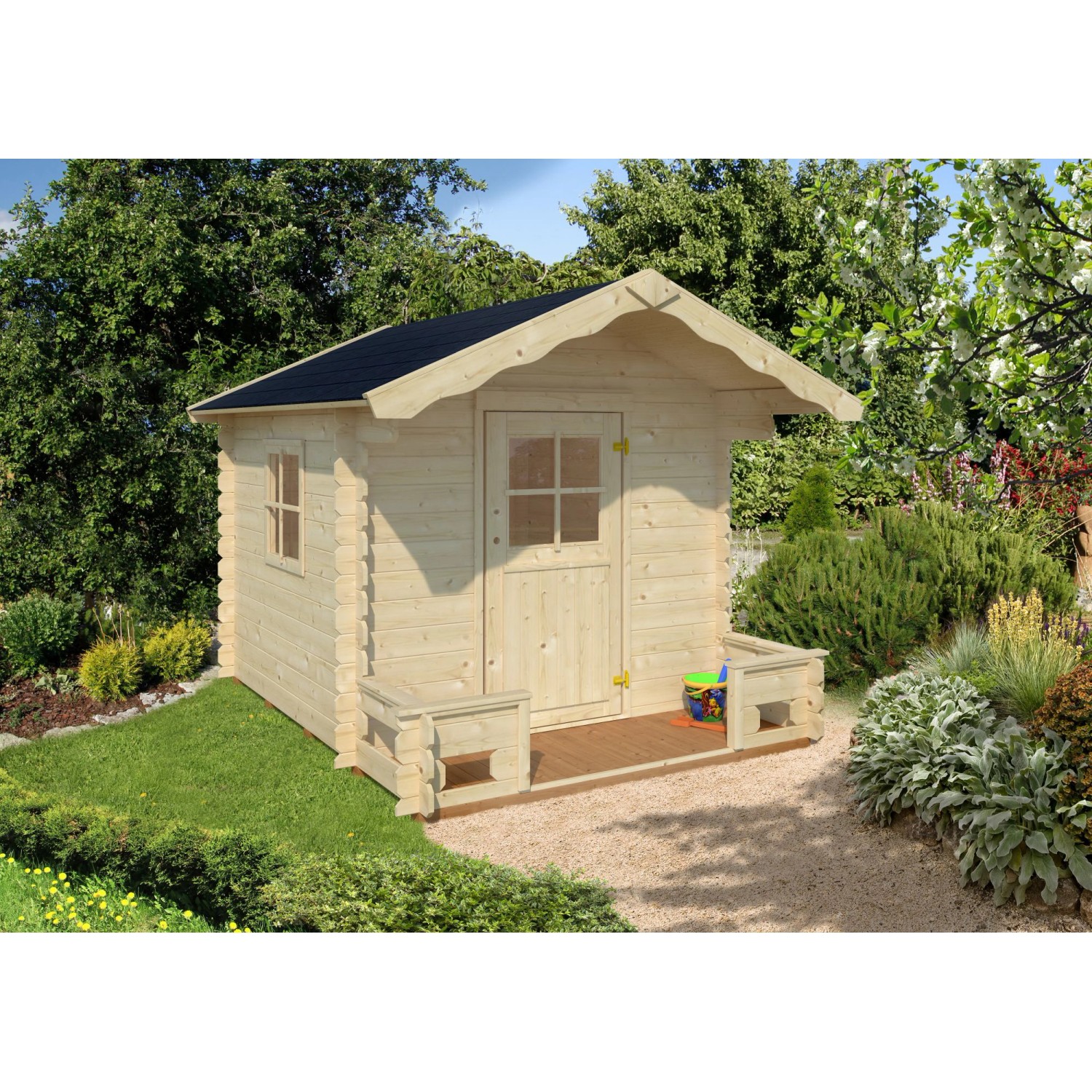 Unbehandeltes Palmako Spielhaus Stina mit Boden, 180x180cm, im Garten.