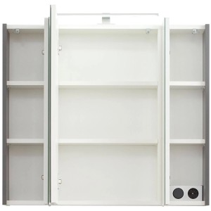 Offener Pelipal Spiegelschrank Quickset 357, Quarzgrau Matt, 80 cm breit, mit Einlegeböden und Aufsatzleuchte.