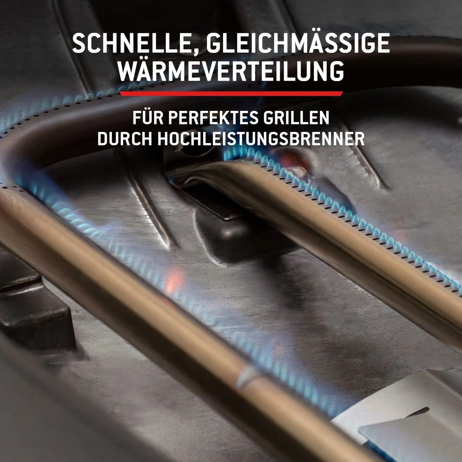 Detailaufnahme des Weber Gasgrill Q2200N Brenners in Aktion für gleichmäßige Hitzeverteilung.