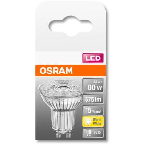 Osram GU10 LED-Lampe, 6,9 W, warmweiß, 575 lm. Energiesparendes Leuchtmittel für Wohnräume.