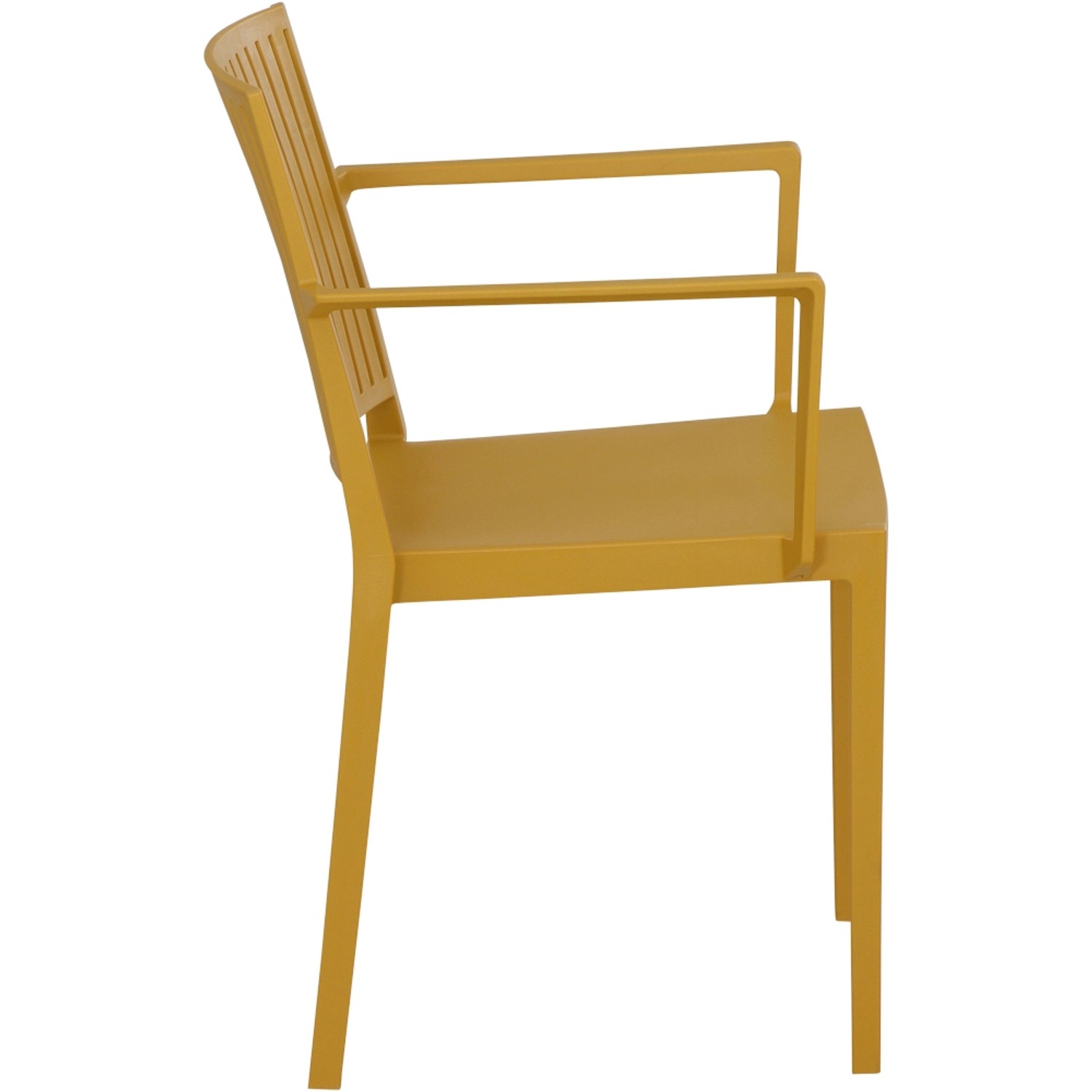 Siena Garden Stapelsessel Lane in Senfgelb, Gartenstuhl mit Armlehnen, seitliche Ansicht.