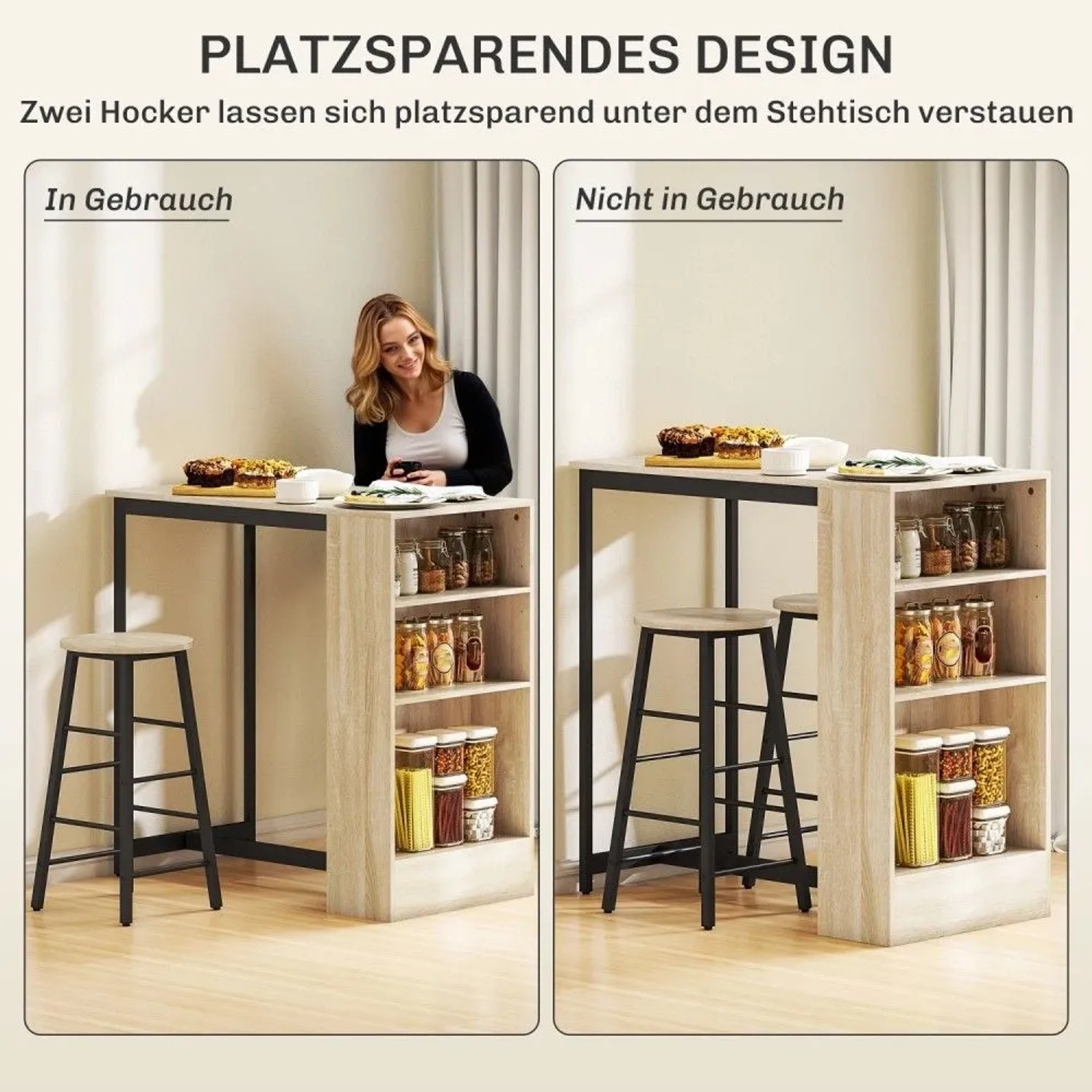 HOMCOM Bartisch Set Eiche mit 2 Barhockern und Regal. Platzsparendes Design, Hocker unter Tisch verstaubar.