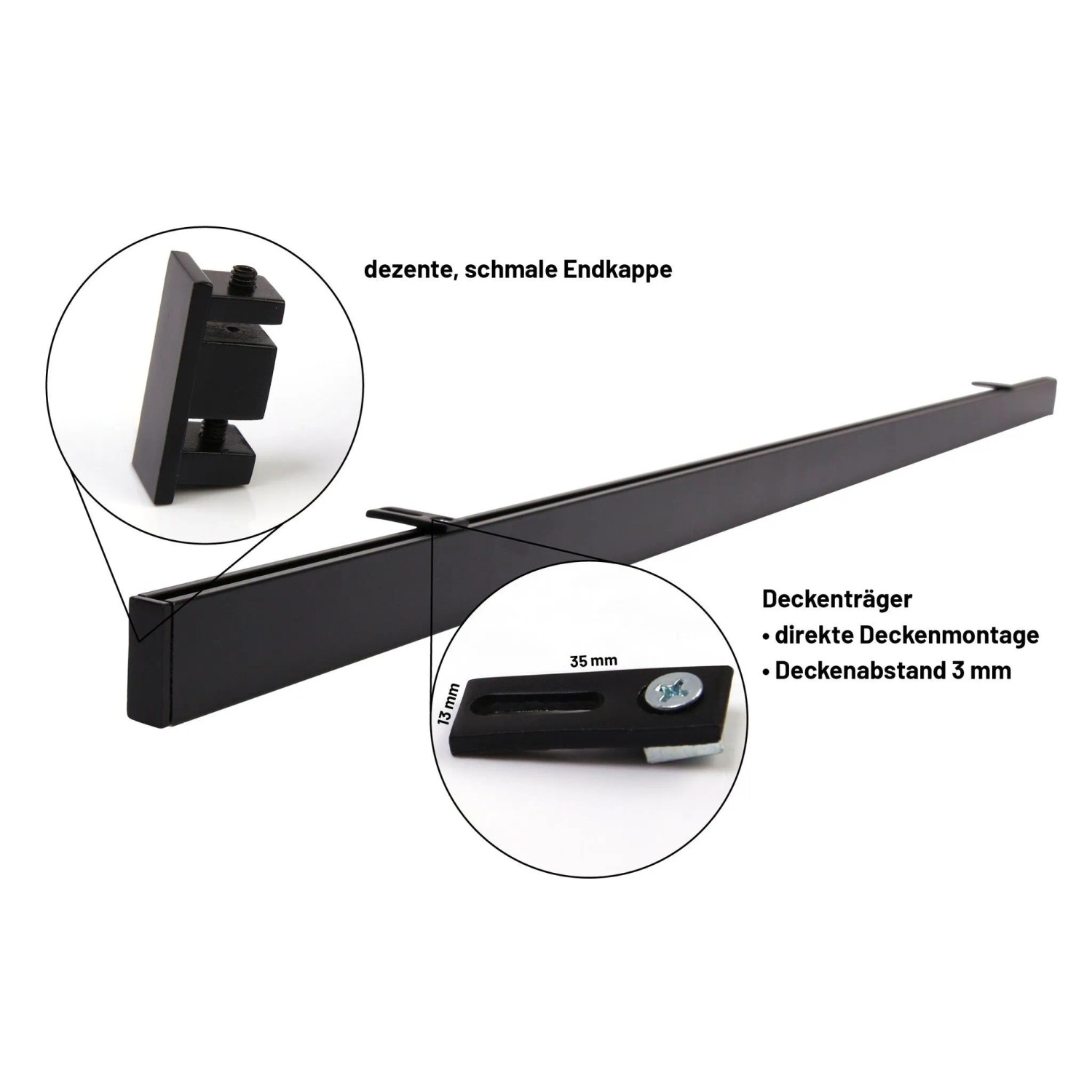 Schwarze 1-lauf Gardinenschiene Loft mit Detailansichten von Endkappe und Deckenträger für Deckenmontage.