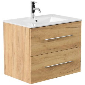 Posseik Badmöbel-Set Homeline 70, Eiche Gold, mit Waschbecken und zwei Schubladen.