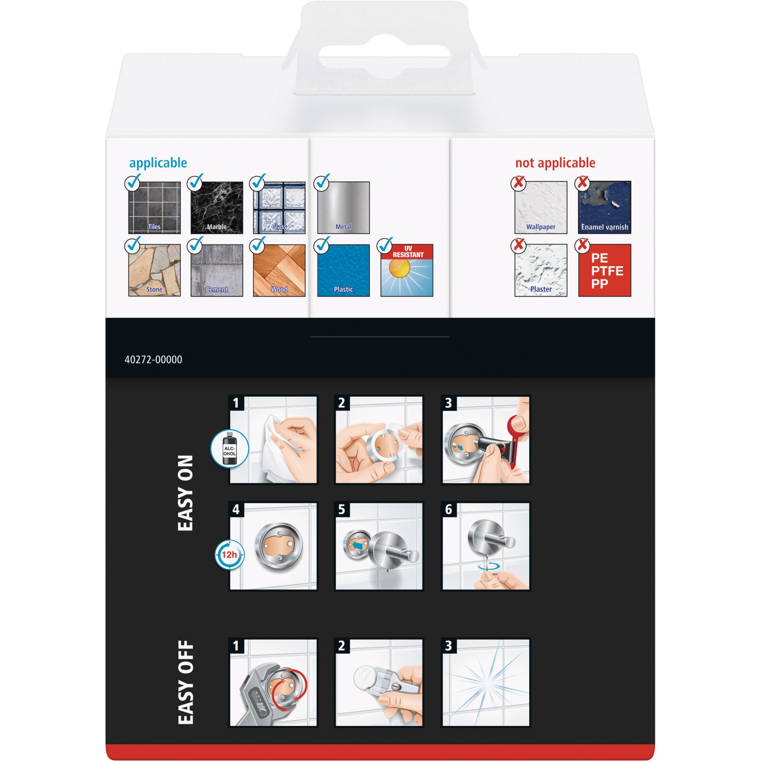 Verpackung des tesa LOXX Toilettenrollenhalters mit Montageanleitung.
