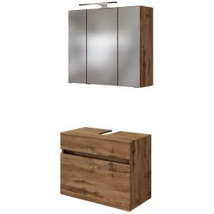 Held Möbel Verona Badmöbel-Set, 60 cm, Wotaneiche: Unterbeckenschrank und Spiegelschrank mit LED-Leuchte.