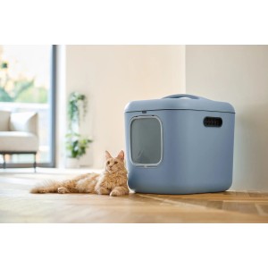 Horizontblaue Rotho Katzentoilette Biala XL mit Katze. Geruchsfilter und Magnetverschluss.