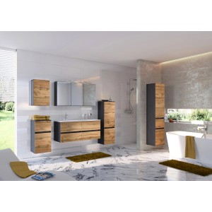 Held Möbel Waschtisch-Set Bari, 120 cm, Wotaneiche/Graphitgrau, mit Spiegelschrank und Mineralgussbecken.