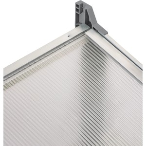Detailaufnahme Juwel Komfort Frühbeet Easy Fix: Hohlkammerplatten, Aluprofile und graue Eckverbindung.