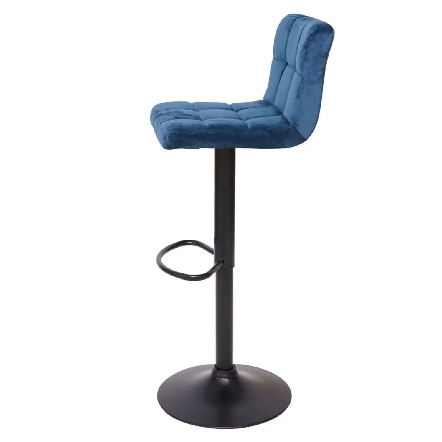 Barhocker 2er-Set, petrolblauer Samt, schwarzes Gestell mit Fußablage, höhenverstellbar.