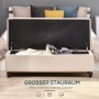 Beige HOMCOM Sitzbank mit offenem Deckel, zeigt geräumigen Stauraum für Kissen und Decken im Schlafzimmer.