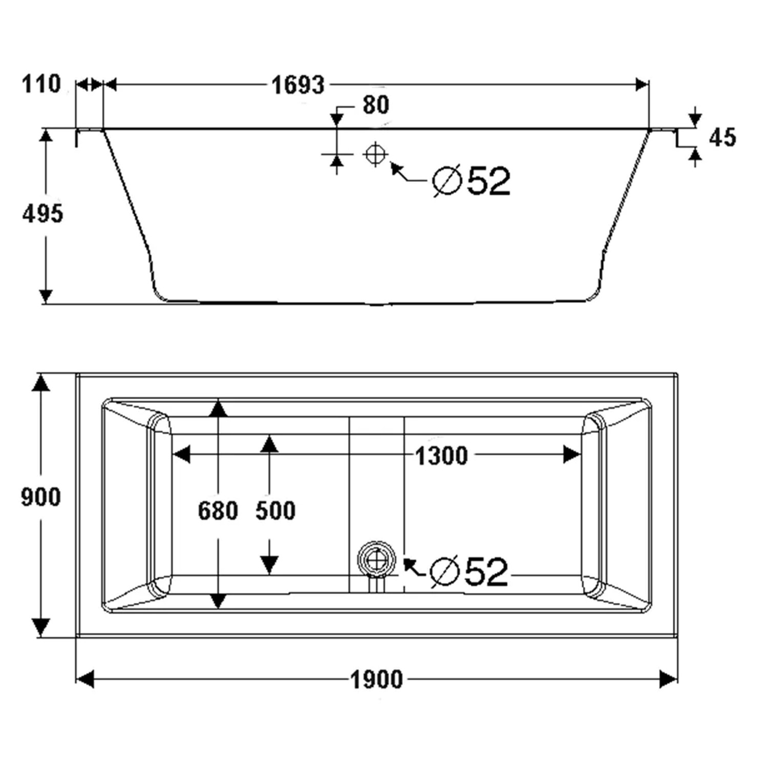 Skizze des Whirlpool-Komplettsystems Cubic 190x90 cm mit Maßangaben für Badplanung.