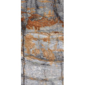 Feinsteinzeug Bodenfliese, 60x120 cm, poliert, Steinoptik in Grau und Braun.