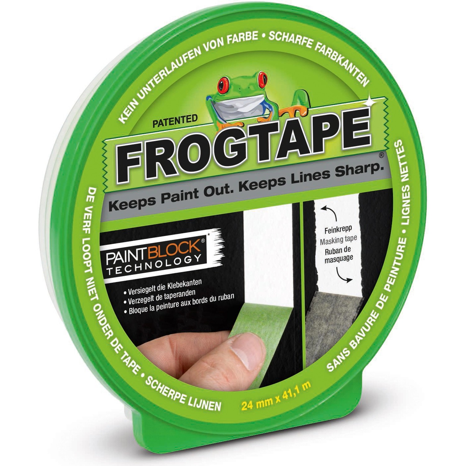 Grünes Malerkrepp Frog Tape 24mm x 41,1m für scharfe Farbkanten beim Streichen.