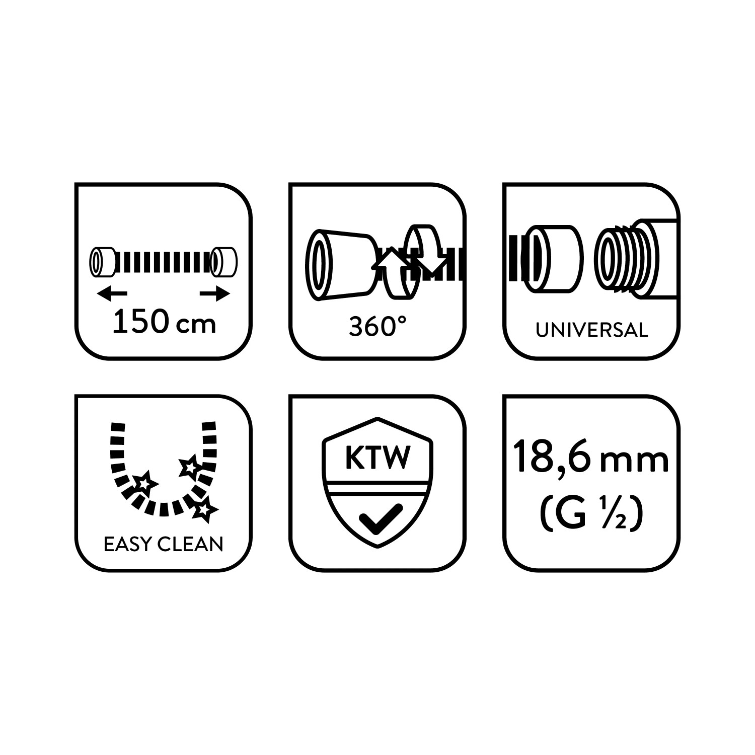 Piktogramme: Brauseschlauch 150cm, 360° Drehschutz, Universal, Easy Clean, KTW geprüft, 18,6mm Anschluss.