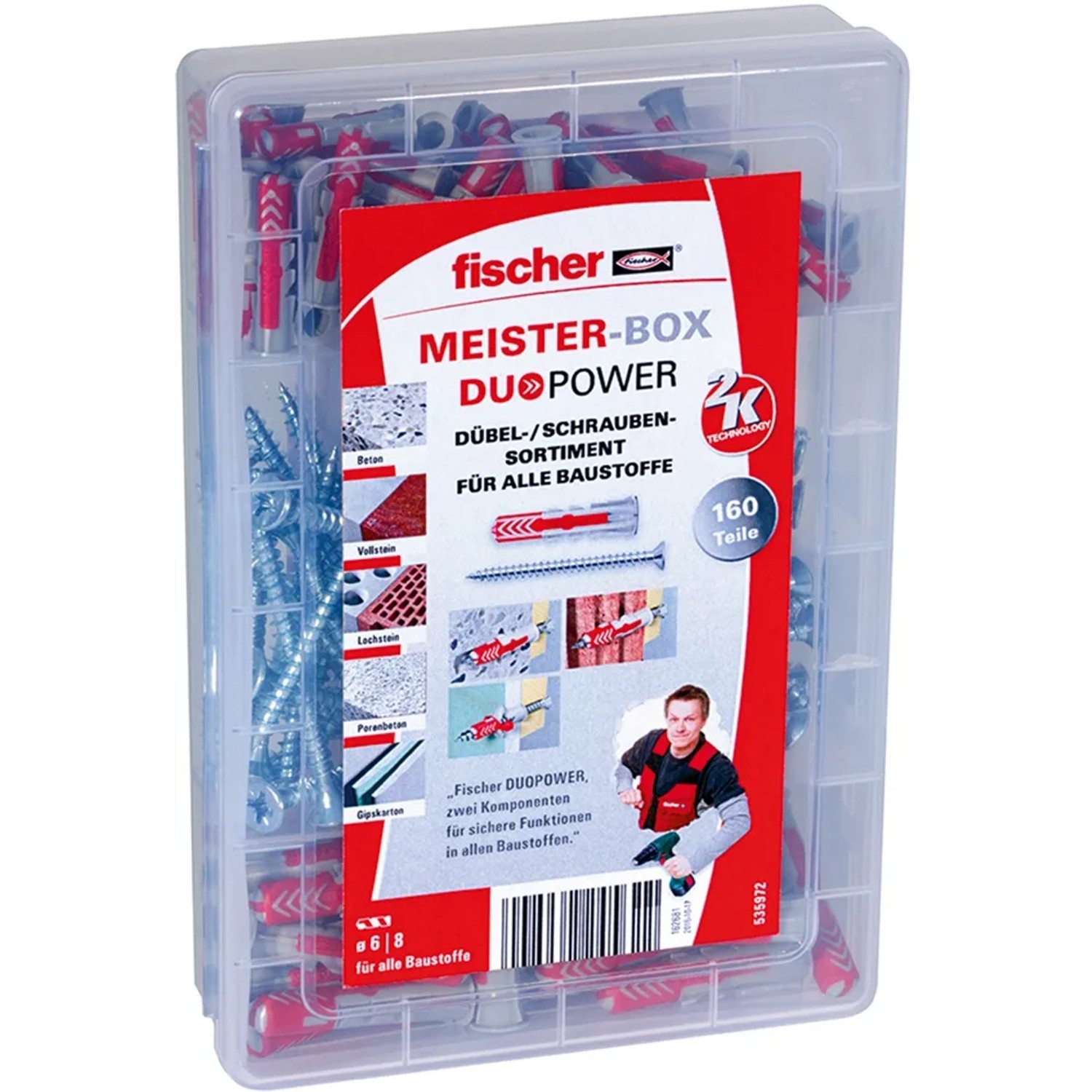 Fischer Meister-Box Wohnraum mit 160 Dübeln und Schrauben, sortiert in transparenter Kunststoffbox.