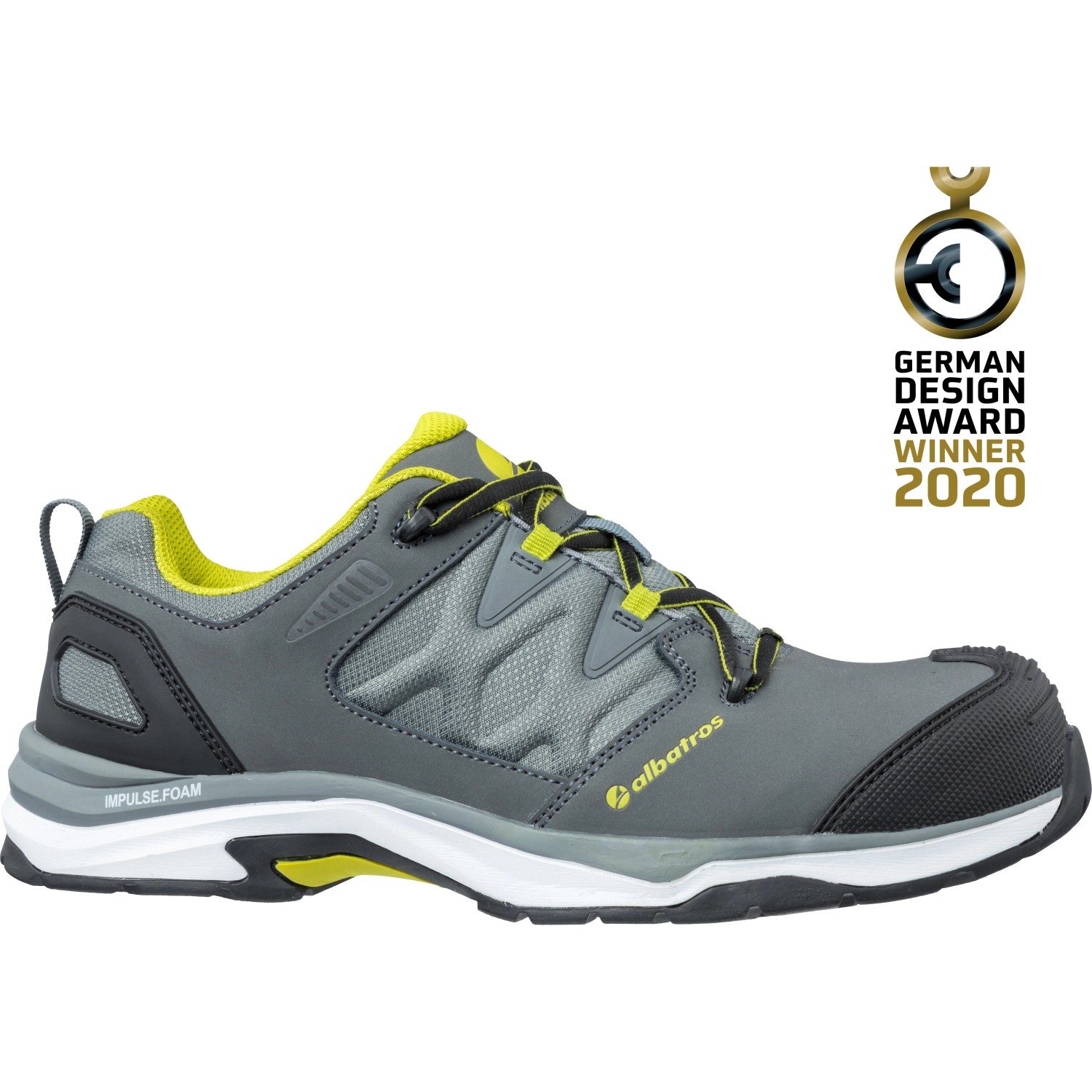 Grauer Albatros Sicherheitshalbschuh Ultratrail Low S3, Größe 39, mit gelben Akzenten.