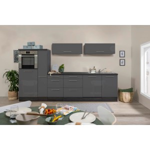 Respekta Premium Inselküche 310 cm, Grau Hochglanz/Eiche Grau, mit E-Geräten und Kochinsel.