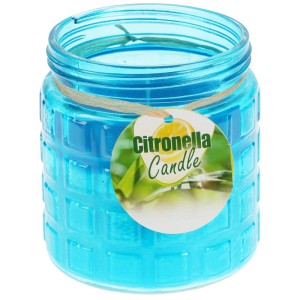 Blaue Citronella Kerze im Glas (Ø 11,5 cm) mit Duftetikett und Raffiaband.