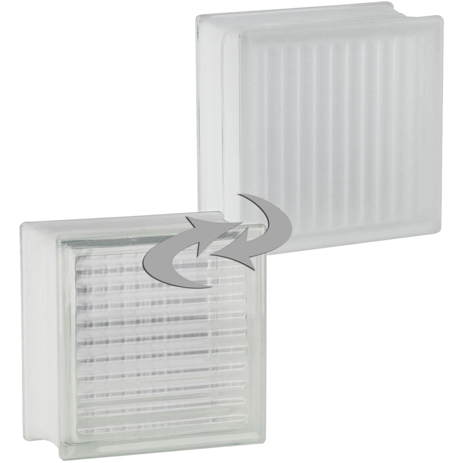 Weißer Glasstein, gekreuztes Muster, eine Seite satiniert, 19x19x10 cm. Ideal für Trennwände.