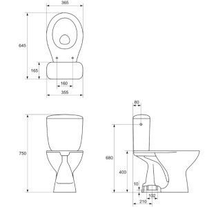 Technische Zeichnung Baliv Kombi-WC-Set 865 mit Maßen für Installation.