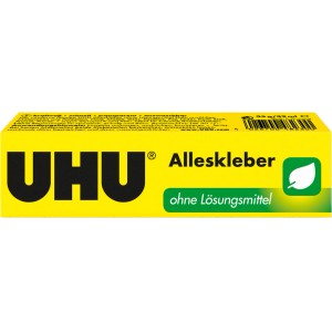 Uhu Alleskleber ohne Lösungsmittel, 35g Tube in gelber Verpackung.
