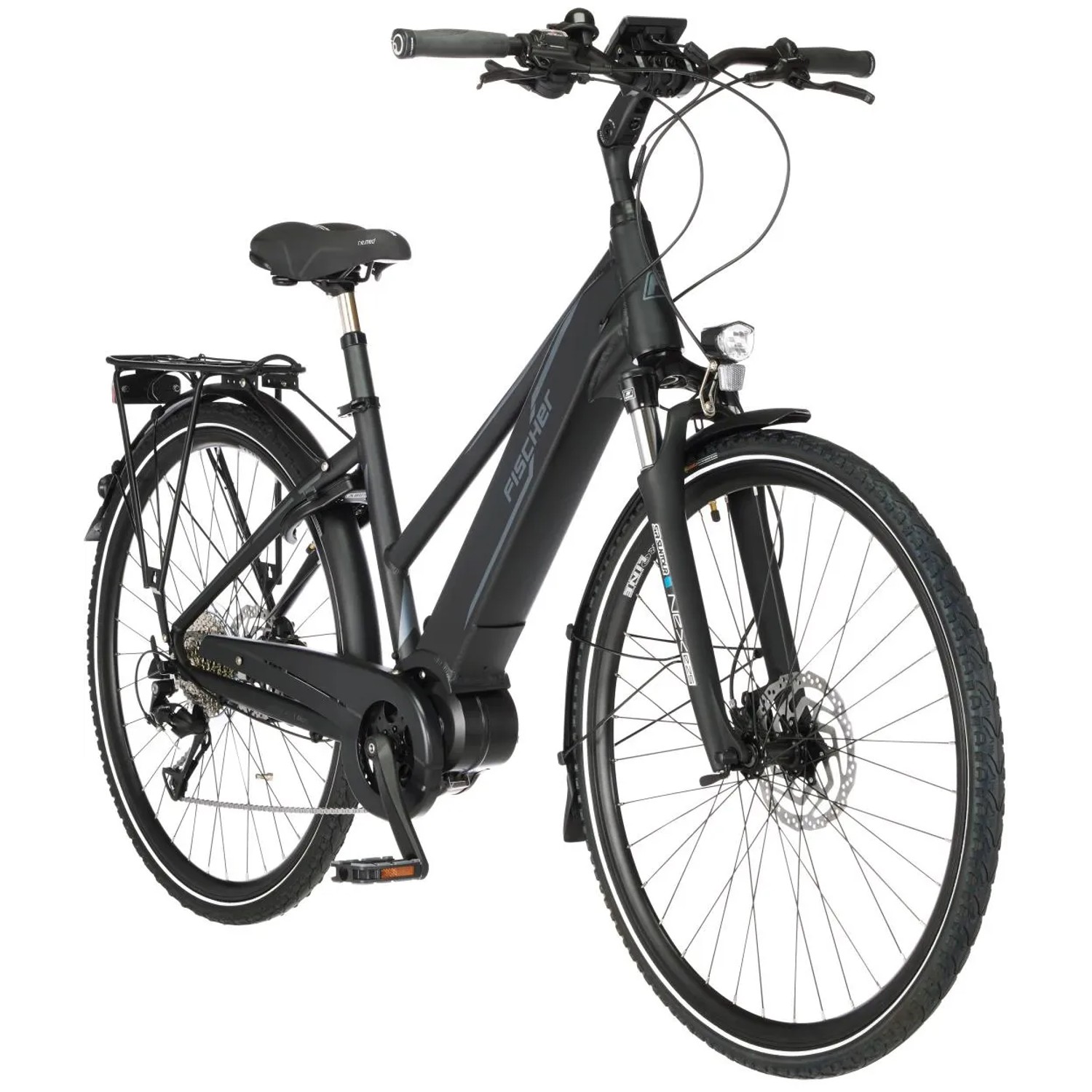 Schwarzes Fischer E-Bike Trekking-Rad Viator 4.1i Damen mit Trapezrahmen und Gepäckträger.