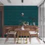 Wasserblaue Vliestapete mit geometrischem Design und Kupferglanz im Esszimmer.