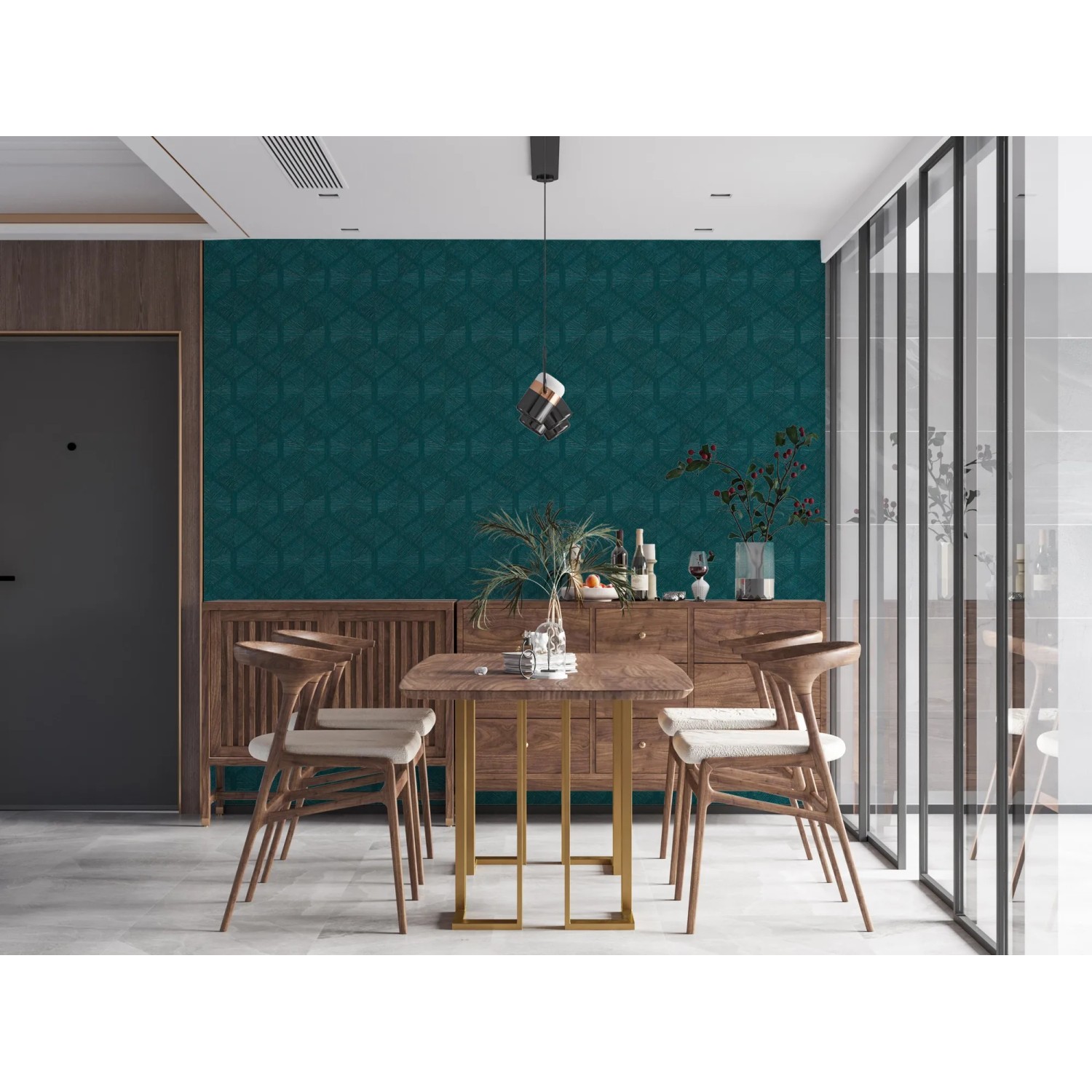 Wasserblaue Vliestapete mit geometrischem Design und Kupferglanz im Esszimmer.