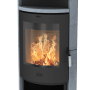 Fireplace Samba Kaminofen mit Specksteinverkleidung, schwarz, 6 kW. Feuer sichtbar.