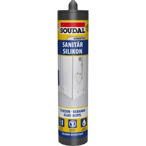 Dunkelgraue Soudal Sanitär Silikon Manhattan 300 ml Kartusche mit blau-gelbem Etikett, für Bad- und Duschfugen.