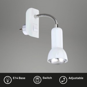 Weiße, schwenkbare Briloner Steckerleuchte Paku, 7x22x14 cm. Steckdosenlampe mit Flexarm.