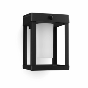 Eckige, schwarze Philips Solar-Wandleuchte Camill mit Bewegungssensor und weißem Lampenschirm.