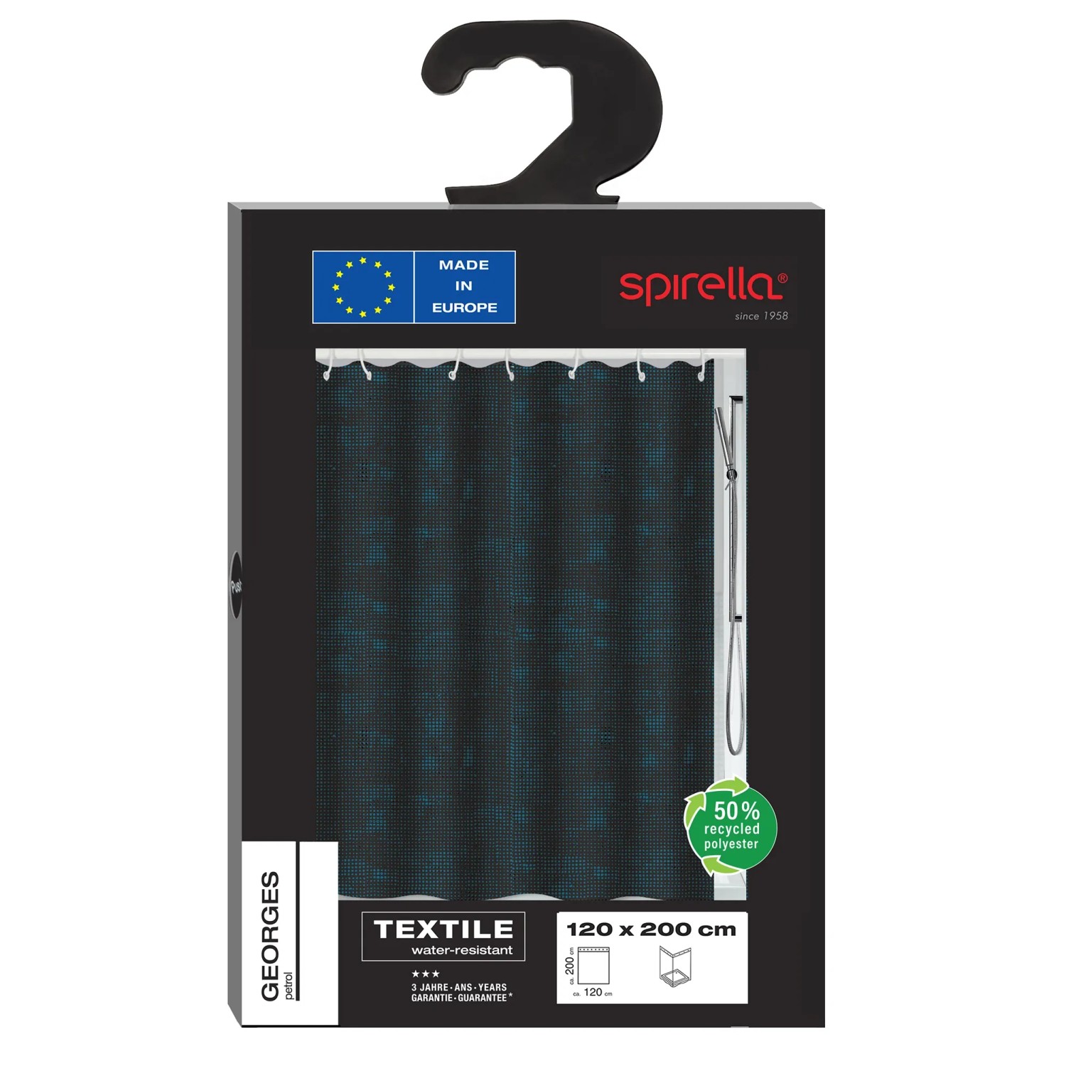 Spirella Duschvorhang Georges, 120x200 cm, Petrol, im Karton. Textiler Duschvorhang mit Muster.