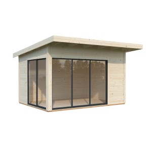 Palmako Gartenhaus Andrea Slide, naturbelassen, mit Schiebetüren und Vordach.