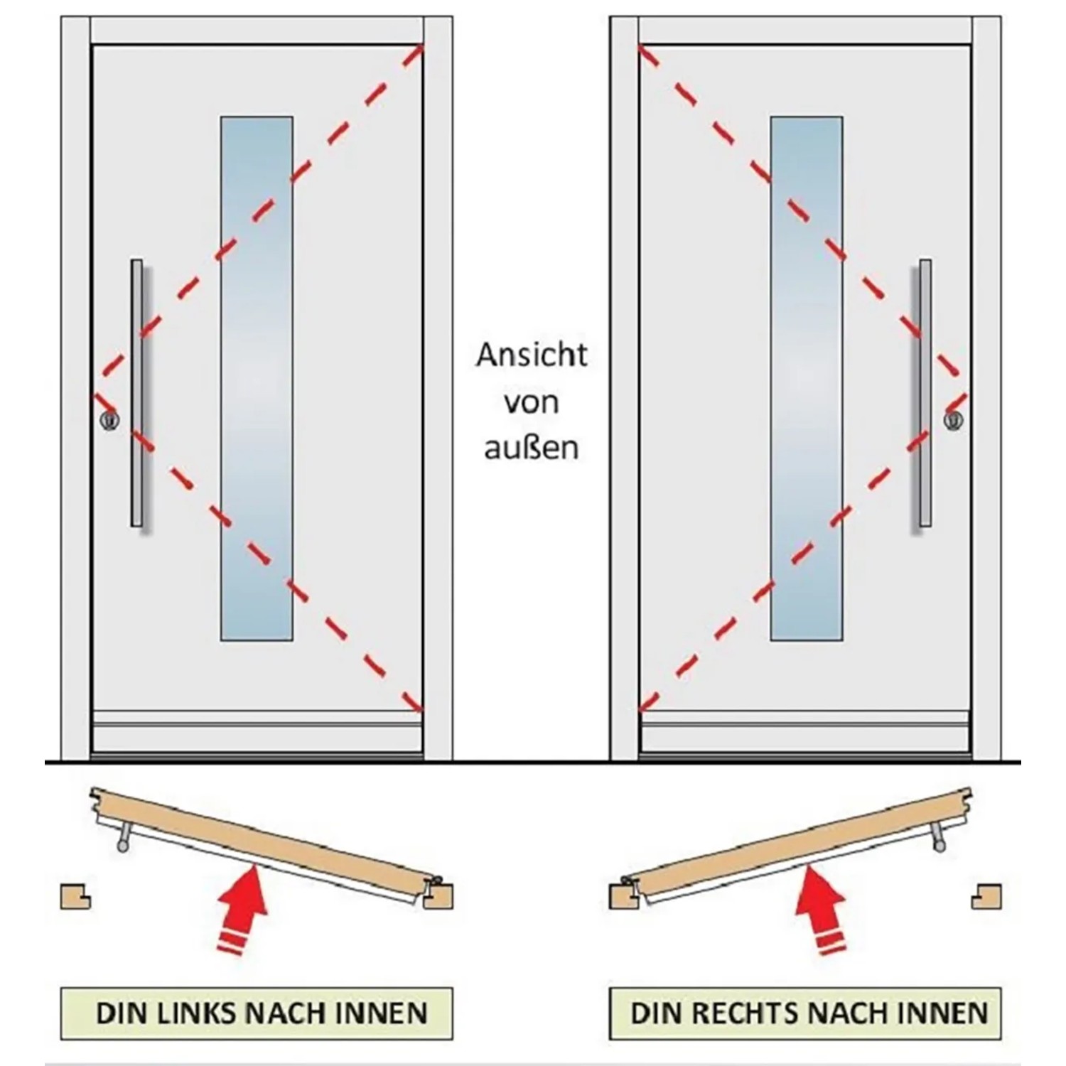 Skizze: Kunststoff-Haustür, 100x200 cm, K017, Anschlag rechts/links, Anthrazit/Weiß, Außenansicht, Öffnungsrichtung.
