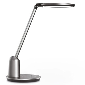 Dunkelgraue Philips LED-Tischleuchte Einstein mit flexiblem Arm und rundem Leuchtenkopf.