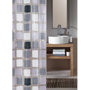 Anthrazitfarbener Duschvorhang Kleine Wolke Sonny mit geometrischem Muster, 180x200 cm.