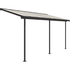 Graues Palram Terrassendach Sierra, 447x230 cm, mit Doppelstegplatten und Aluminiumrahmen.