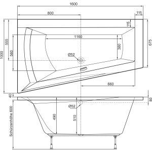 Technische Zeichnung der Eckbadewanne Galia I, 1600x1000x675 mm, linke Ausführung mit Maßen.