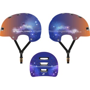 Fischer BMX Kinderhelm Explorer, Größe S/M, mit Galaxie-Muster und LED-Rücklicht.