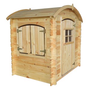 Timbela Kinderspielhaus M505-1 aus Holz mit geschwungenem Dach und Fensterläden.