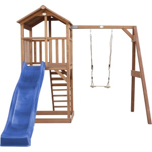 Axi Beach Tower Spielturm mit Schaukel und blauer Rutsche aus Holz.