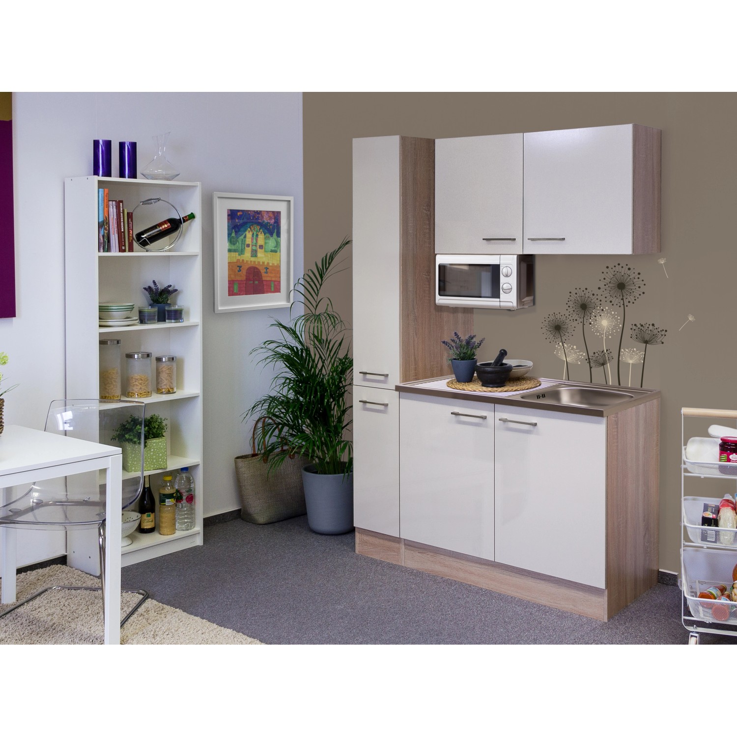 Flex-Well Singleküche 130 cm, Kaschmir/Sonome Eiche, mit Mikrowelle und Spüle.