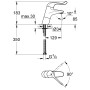 Technische Zeichnung: Grohe Euroeco Special Waschtischarmatur, Einhandmischer, schräge Bauform, Chrom, Maße.