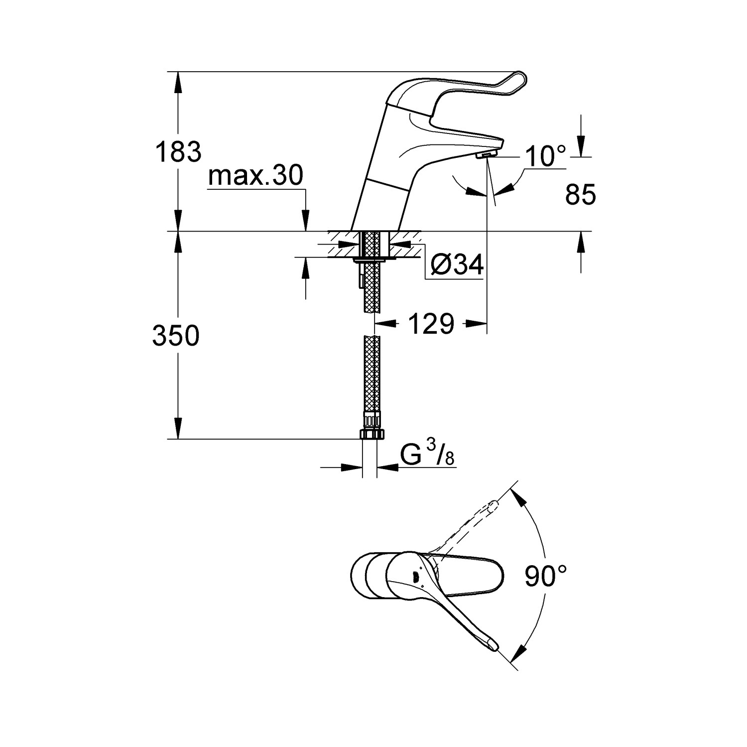 Technische Zeichnung: Grohe Euroeco Special Waschtischarmatur, Einhandmischer, schräge Bauform, Chrom, Maße.