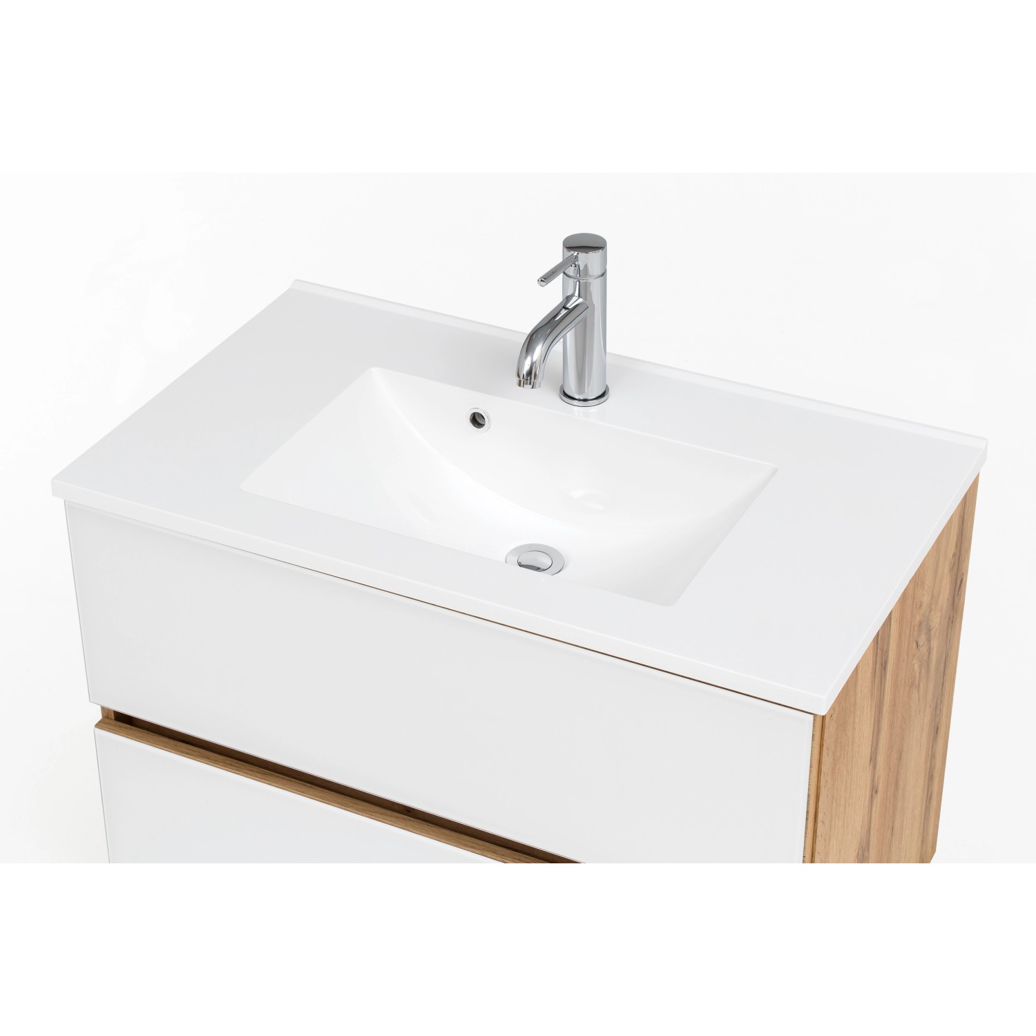 Held Möbel Waschtisch Pisa, 80 cm, Weiß-Wotaneiche, mit Mineralgussbecken und zwei Auszügen.