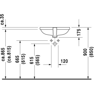 Technische Zeichnung: Duravit Einbauwaschbecken D-Code, 52,5 cm, Maße und Details für die Installation.