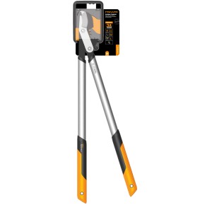 Fiskars Bypass-Getriebeastschere LX98-L, Gartenschere mit silbernen Hebelarmen und orangefarbenen Griffen.